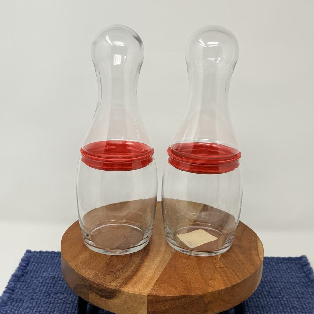 Vintage Clear Glass Two Part Bowling Pin Decanter Red Accent Set 2